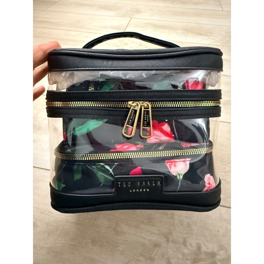 Ted Baker London Black Floral Clear 4 Piece Vanity Case Makeup Bag NWT